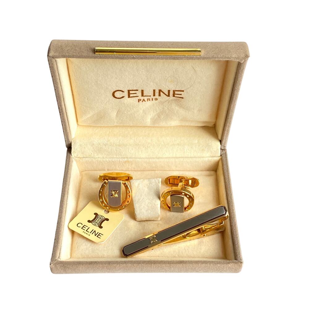 Authentic Celine Paris Gold & Silver-Tone Men’s Cufflinks and Tie Clip Set